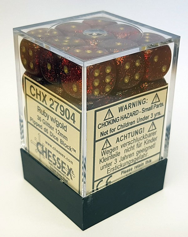 D6 Dice Block: Glitter Ruby with Gold - 12mm (36)