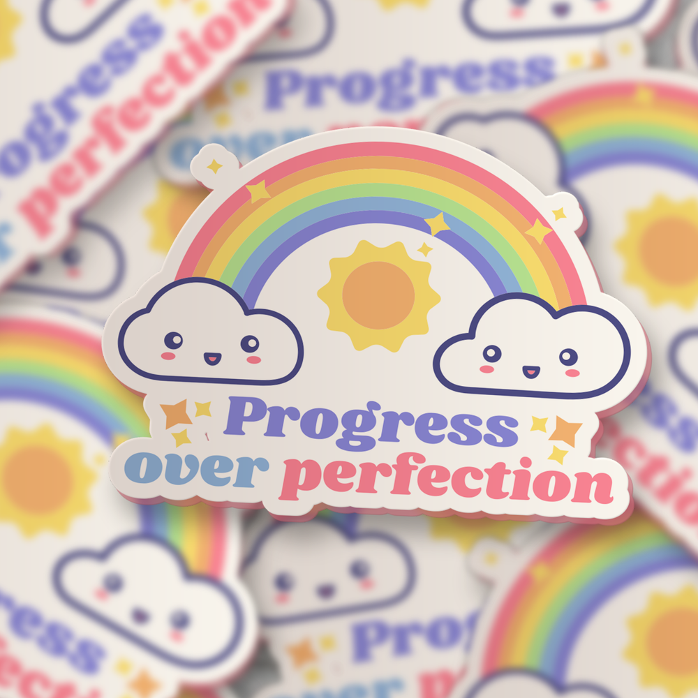 Vinyl Sticker - Progress Over Perfection Kawaii Rainbow