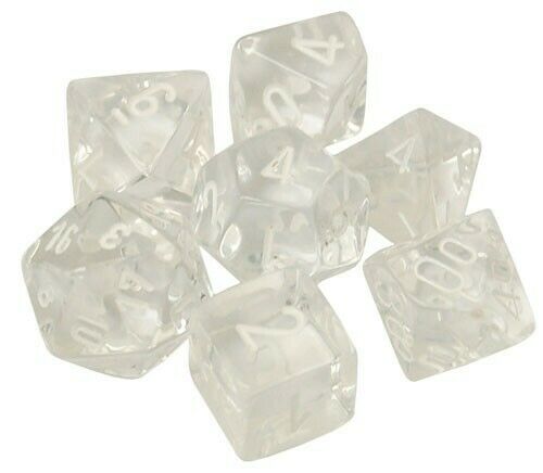 RPG Dice Set: Translucent Clear with White