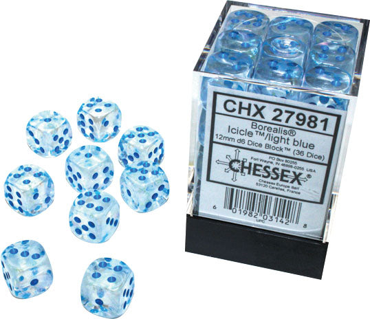 D6 Dice Block: Borealis Icicle with Light Blue - 12mm (36)