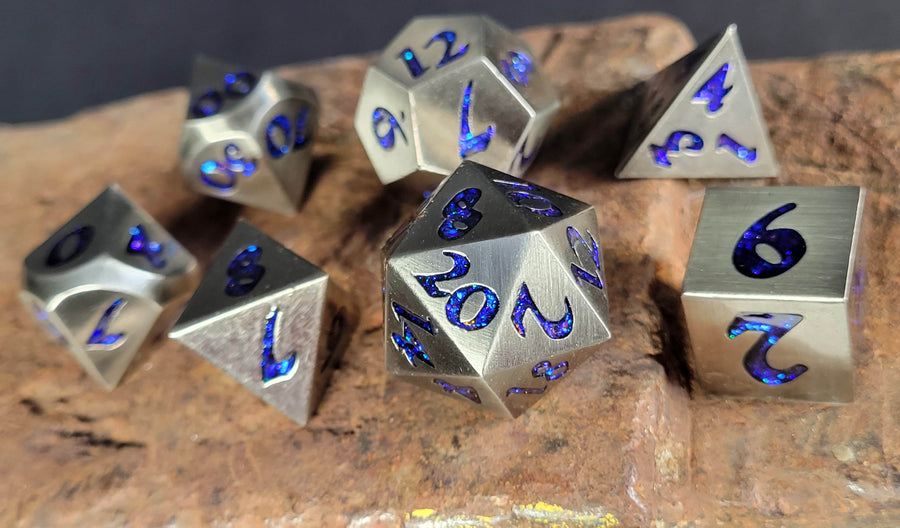 Metal RPG Dice Set - Forged Lore: Antique Silver & Blue Mica
