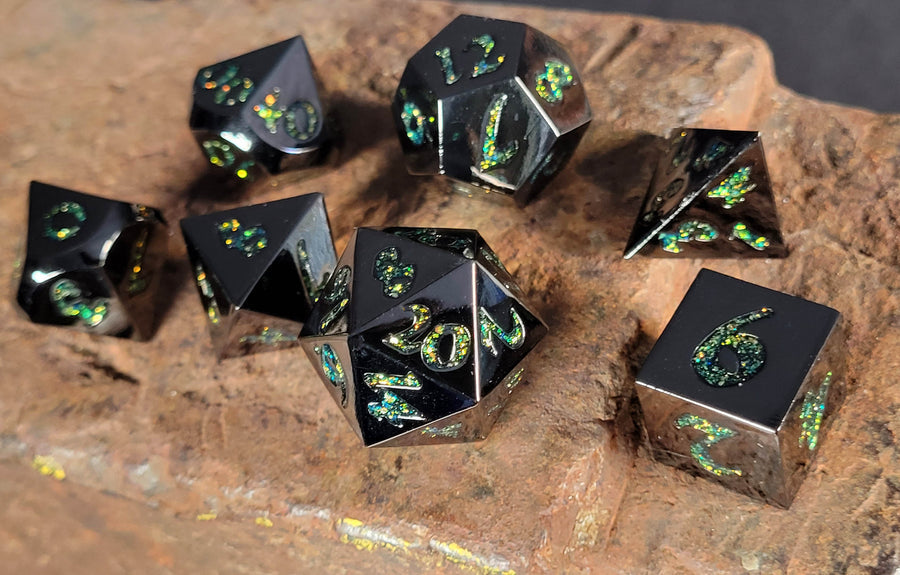 Metal RPG Dice Set - Forged Lore: Gunmetal & Green Mica
