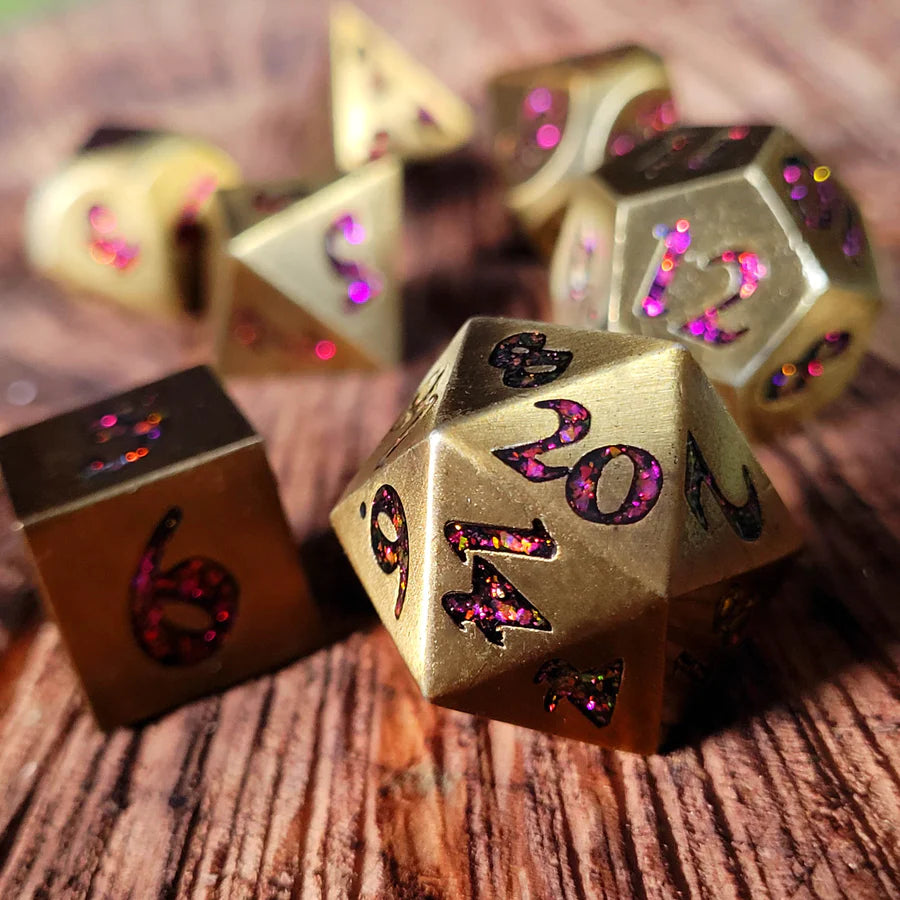 Metal RPG Dice Set - Forged Lore: Antique Gold & Red Mica