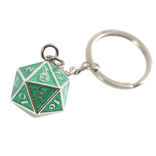 Fob of Fate - Metal D20 Keychain: Guardian Silver Sparkle Green