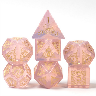 Gemstone RPG Dice Set - Pink Opalite with Gold Runes