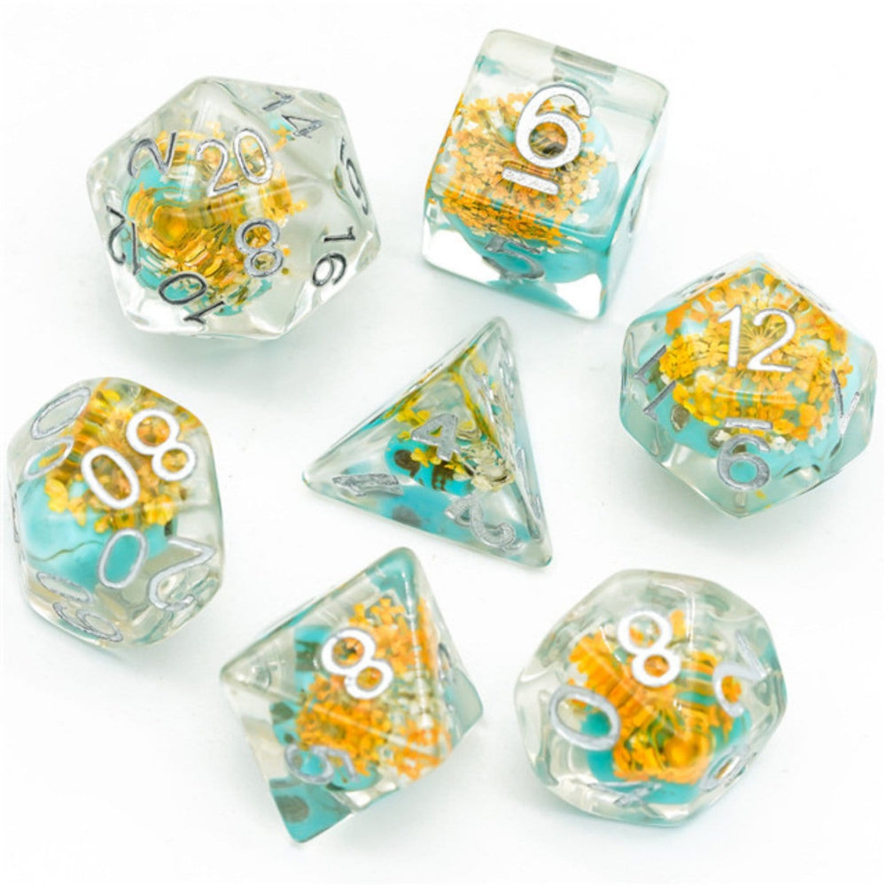 RPG Dice Set - Yellow Flower with Blue Skull
