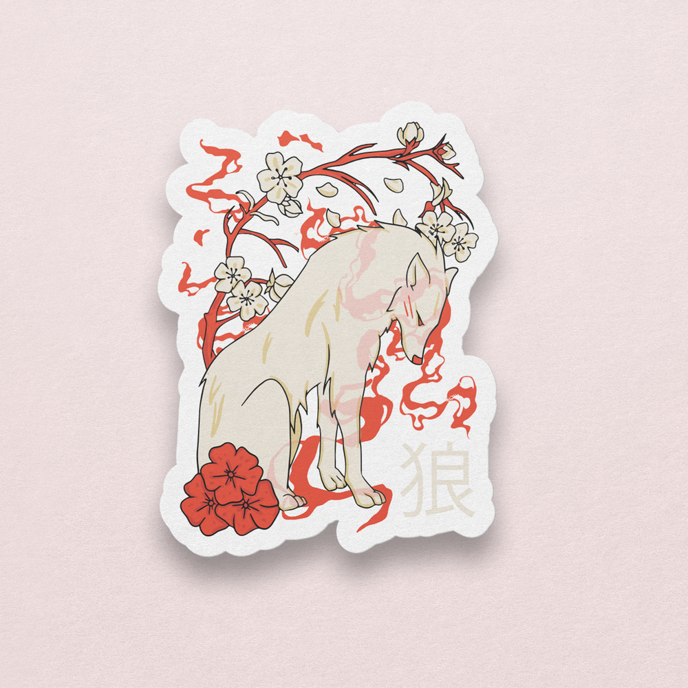 Vinyl Sticker - Japanese Wolf With Sakura Flowers