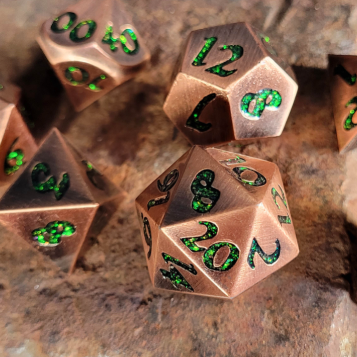 Metal RPG Dice Set - Forged Lore: Antique Copper & Green Mica